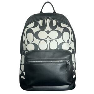 Coach men CO920 west Backpack Black & Chalk white Canvas signature Print Leather